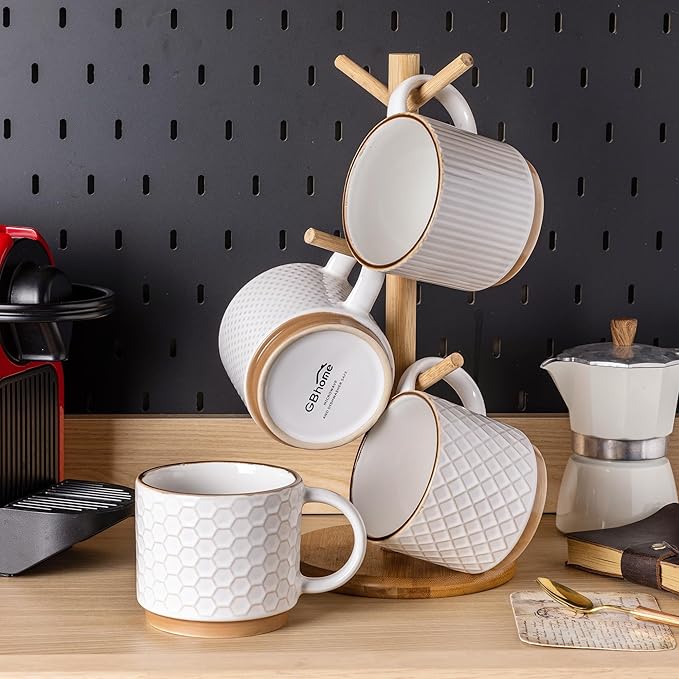 GBhome 15OZ Stackable Coffee Mugs, Ceramic Coffee Mugs with Texture Patterns for Man,Woman,Dad,Mom, Modern Coffee Mugs Set of 4 for Latte/Cappuccino/Cocoa. Dishwasher&Microwave Safe, Off White