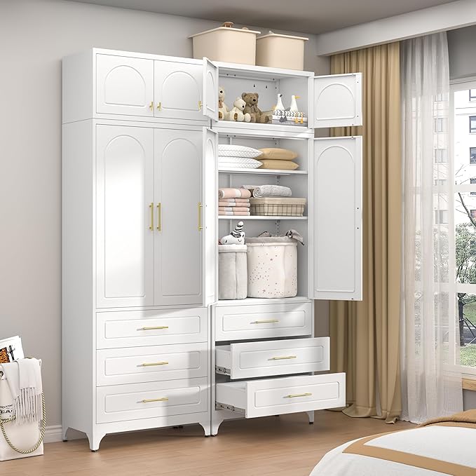 90??Tall Kitchen Pantry Cabinet,Metal Storage Cabinet with Doors and Adjustable Shelves,Modern Kitchen Hutch Cabinets,Freestanding Cupboard for Dining Room