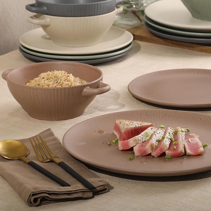 Gibson Elite Clover Hill 12-Piece Stoneware Dinnerware Set ??Assorted Colors in Sage Green, Charcoal, Taupe & Cream ??Embossed Reactive Glaze Plates & Bowls, Microwave & Dishwasher Safe, Service for 4