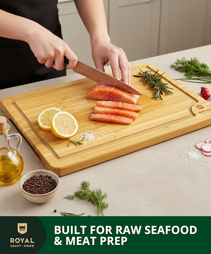 ROYAL CRAFT WOOD Bamboo Cutting Board Gift Set ??3-Piece Reversible Wooden Boards with Deep Juice Groove & Handles ??Premium Charcuterie & Butcher Blocks for Kitchen ??Holiday Gift-Ready Packaging