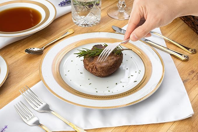48 Piece Elegant Dinnerware Sets for 12 ??Porcelain Plates, Bowls ??White and Gold Rope Vintage Design Dishware for Kitchen Table, Formal Dining or Everyday Use (Rope Gold)