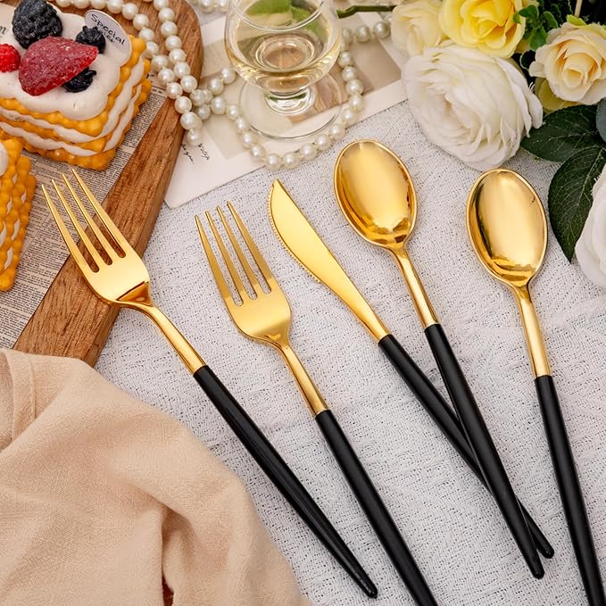 SUT Gold Plastic Silverware (160Pcs) Forks and Spoons Disposable, 80 Gold Plastic Forks, 40 Gold Knives, 40 Gold Spoons, Black and Gold Utensils Set Disposable for Parties, Weddings