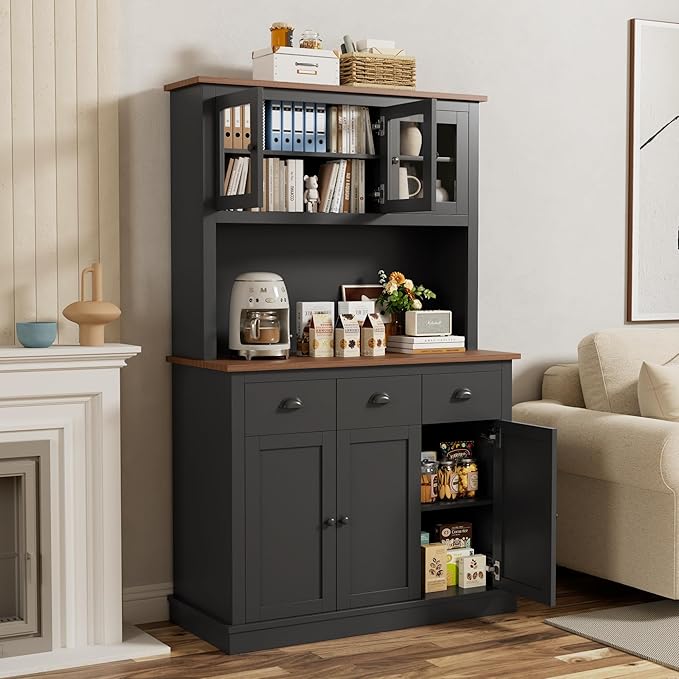 71" Kitchen Hutch with Charging Station, Tall Pantry Storage Cabinet with Microwave Stand, Adjustable Shelves, Slide Drawers, Large Buffet Pantry Cabinet for Kitchen, Dining Room, Black