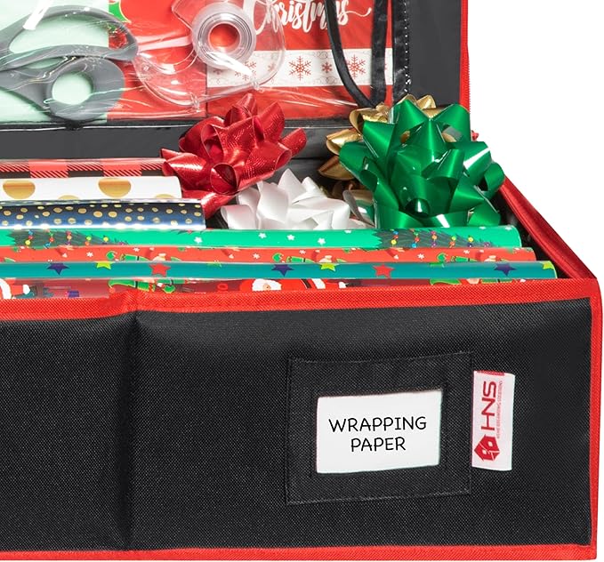 HOLDN??STORAGE Premium Wrapping Paper Storage Container - Durable 600D Tear-Proof, Fits 27 Rolls Gift Wrap, Extra Pockets for Ribbons & Bows, Underbed Storage - Ideal for Holiday Christmas, Black
