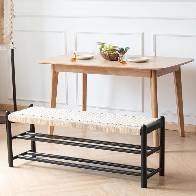 XINNAN Solid Wood Entryway Bench with Shoe Storage, Rustic Oak Wood and Woven Design 45 Inch Long Seating for Living and Dining Rooms, 3-Tier Black