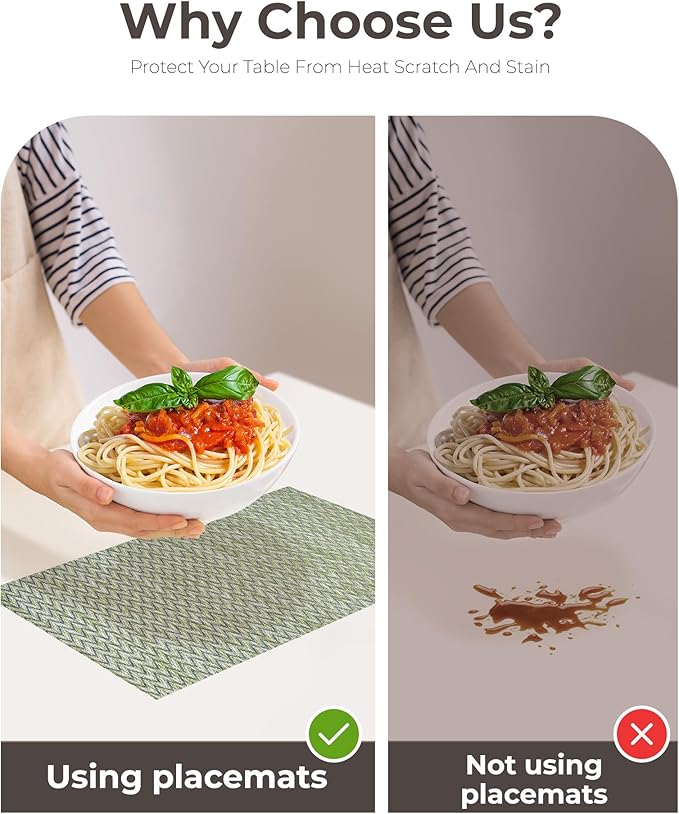 Leetaltree Green Placemats Set of 8 - Heat Resistant Non-Slip Place mats for Dining Table, Washable Durable PVC Vinyl Woven Table Mats(Green Zigzag, 8)