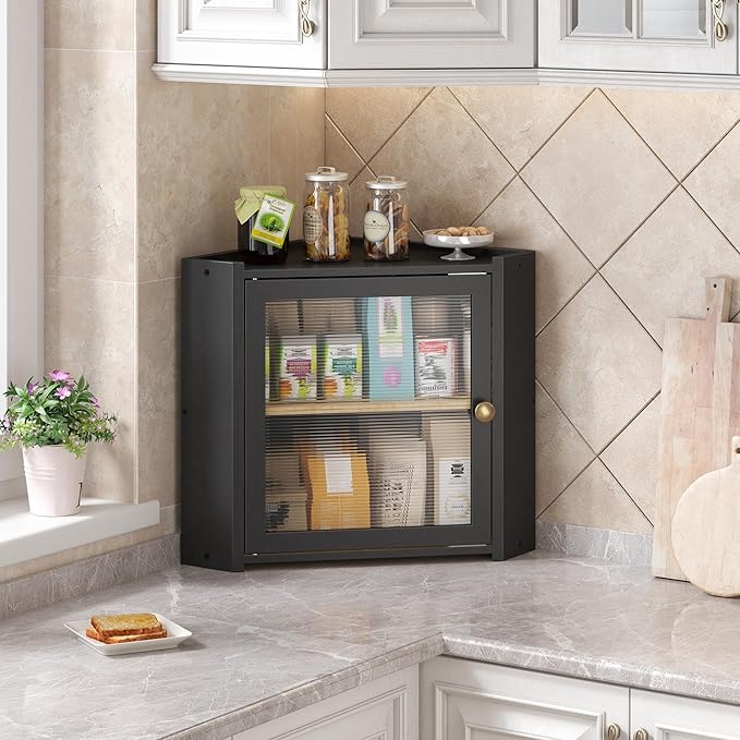 Corner Bread Box for Kitchen Countertop, Large Bread Container Storage Vintage Wooden Farmhouse Bread Box with Window for Homemade Bread Holder (Black)