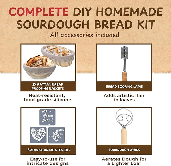 Complete Sourdough Bread Starter Kit, Glass Sourdough Starter Jar Kit & Tons of Sourdough Bread Baking Supplies - Sourdough Starter Kit Includes Sourdough Jar, Banneton Basket (2x Baskets and Jar)