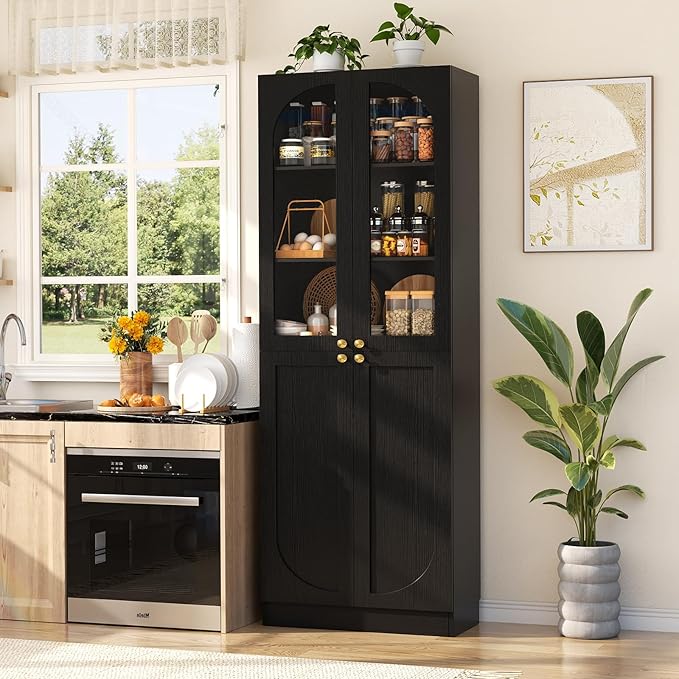 Cyclysio 80" Kitchen Pantry Cabinet, Tall Arch Storage Cabinet with Glass Doors, Freestanding Wood Floor Cupboard Bookcase with Seamless Fit Wall for Dining Room, Living Room, Bathroom (Black)