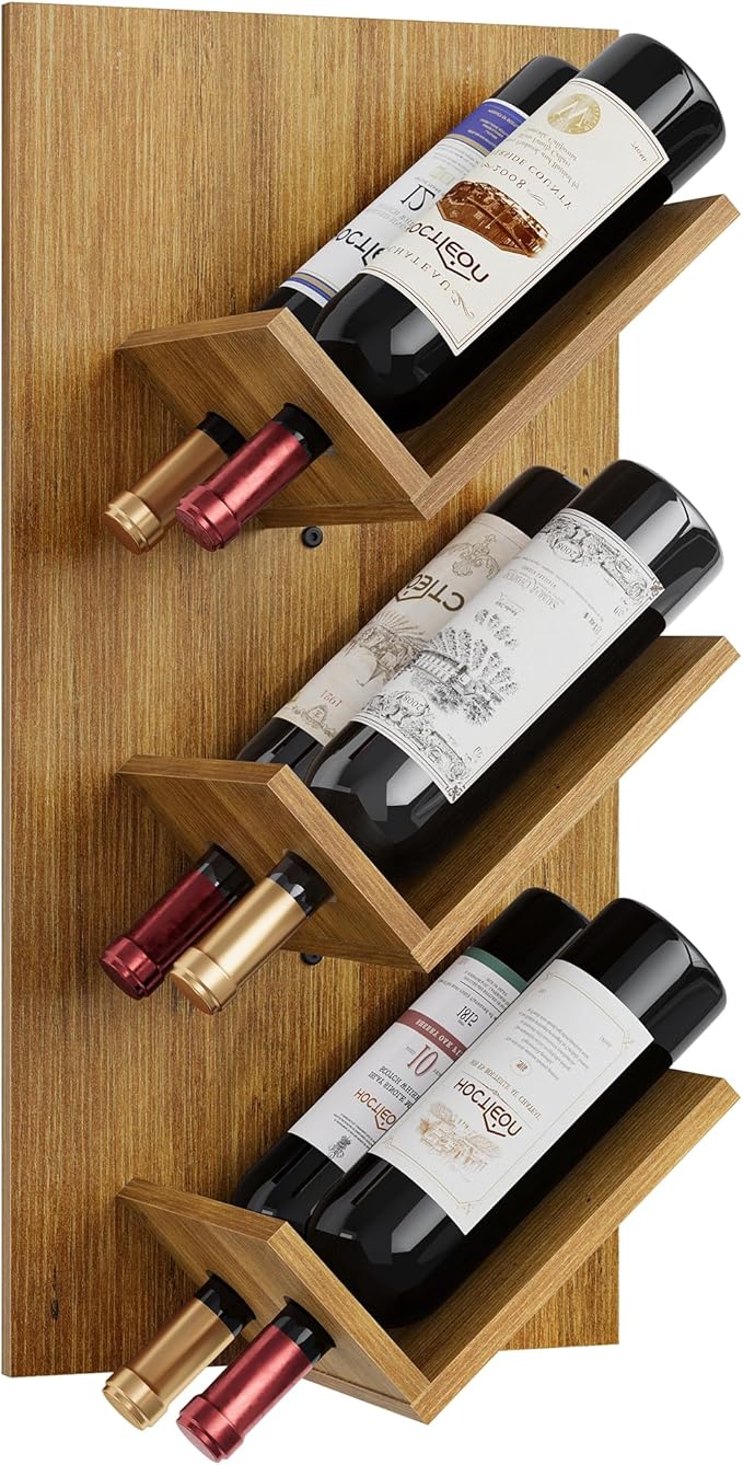 Hoctieon Wine Rack Wall Mounted, 6 Bottles Hanging Wine Racks Bar Shelves for Display & Storage, Rustic Wood Wine Bottle Holder for Home Bar, Kitchen, Dining Room,Warm Brown