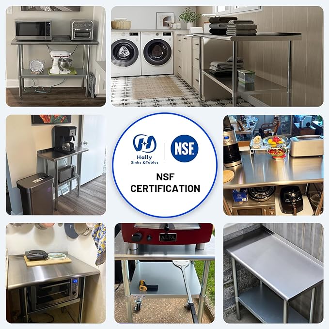 Hally Stainless Steel Table for Prep & Work 14 x 36 Inches, NSF Commercial Heavy Duty Table with Undershelf and Backsplash for Restaurant, Home and Hotel