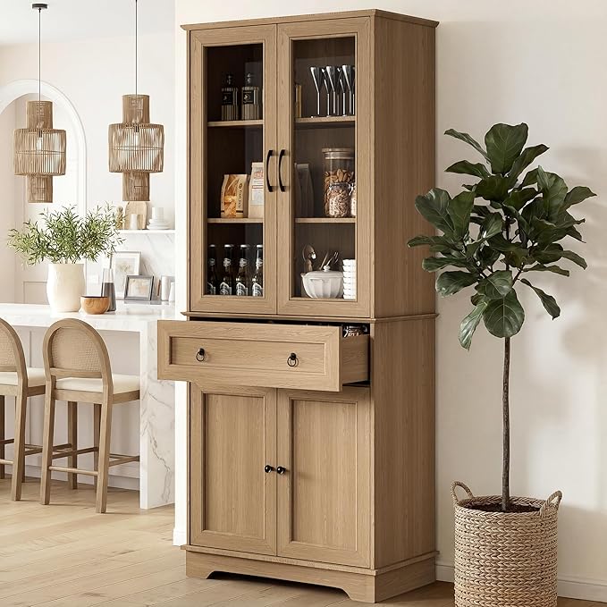 72" Tall Kitchen Pantry Storage Cabinet with Glass Doors and Drawer,Farmhouse Cupboard with Adjustable Shelves,Freestanding Food Pantry for Kitchen,Dining,Living Room,Natural