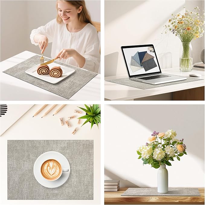 DOLOPL Placemats Set of 4, Reversible Wipeable & Heat Resistant Place Mats, Modern Faux Leather Table Mats for Kitchen, Neutral Waterproof Tablemats for Dining Table Decor, Wedding, Party(Grey)