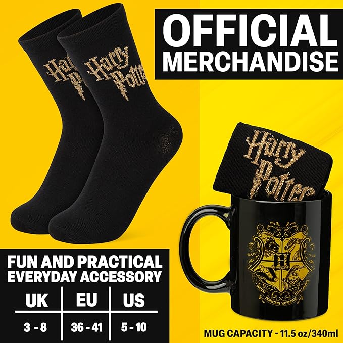 Get Trend Harry Potter Coffee Mug and Socks Set, 11.5 oz Ceramic Cup with Crew Socks, Cute Drinkware Christmas, Secret Santa Gifts for Women (Black Harry Potter)