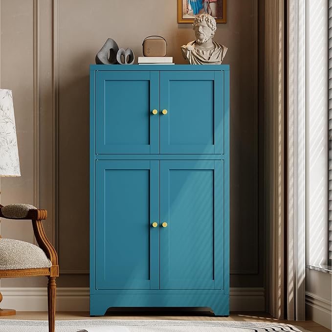 43" H Blue Small Kitchen Pantry Cabinet,Metal White Pantry Cabinets with Doors,Small Storage Cabinets,Food Pantry Cabinet with 4 Doors and Shelves for Kitchen and Dining Room