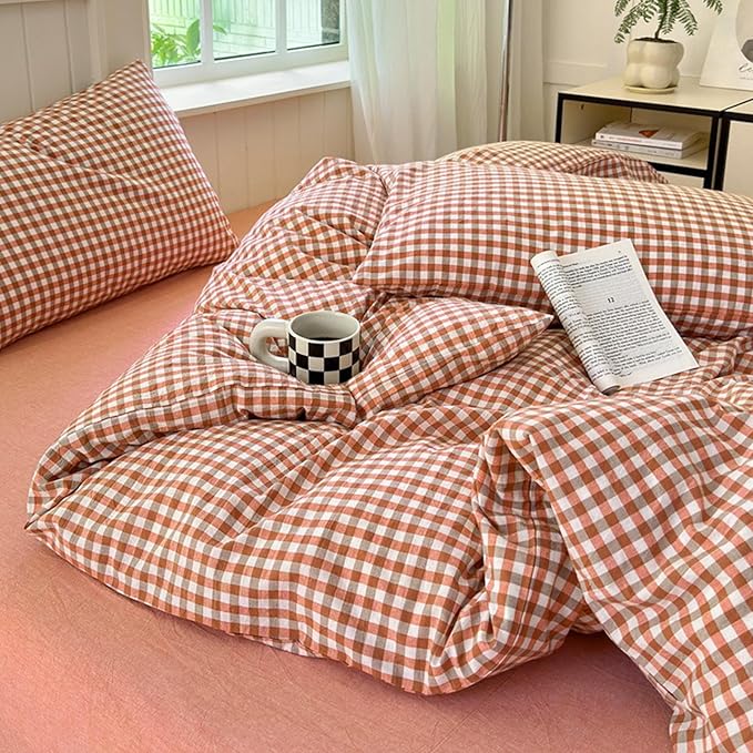 LifeTB Queen Comforter Set Modern Style Red Orange Gingham Comforter Lightweight Plaid Checkered Pattern Comforter Soft Fluffy Gingham Bedding Set Farmhouse Grid Plaid Comforter Set Queen