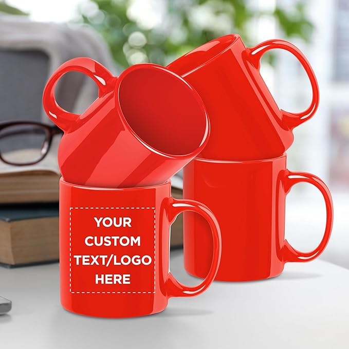 Custom Ceramic Coffee Mugs 11 oz. Set of 50, Personalized Bulk Pack - Coffee cup set, Iced coffee cup, Gaming mug - Red