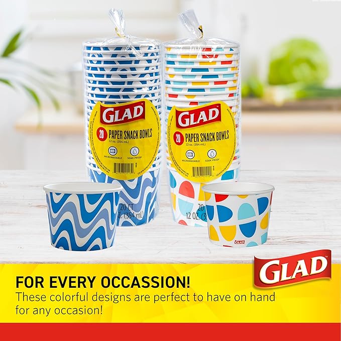 Glad Everyday Paper Snack Bowls with Blue Wave Print, Lids Not Included - Disposable Snack Bowls, Heavy Duty Paper Bowls for Everyday Use, 12 Ounces, 20 Count