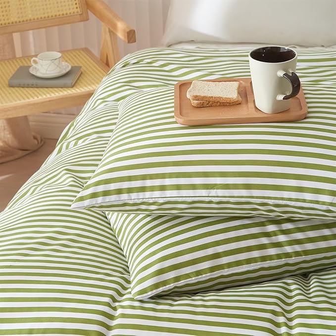 Striped Comforter Set Twin XL Modern Style Green White Stripes Pattern Bed Comforter for All Seasons 3 Pieces Boho Fluffy Comforter with 2 Pillowcases Cozy Farmhouse Lightweight Bedding Comforter Set