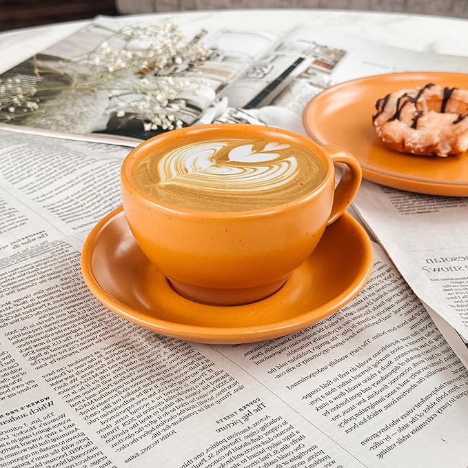 MORA Ceramic Latte Art Mug With Saucer - 10.5 oz, Round Bottom For Perfect Pours - Cafe Cups for Cappuccino, Espresso, Coffee, Tea etc - Porcelain Set for Baristas, Great Gift - Pumpkin Orange