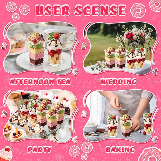 Uiifan 500 Pack 3 oz Mini Dessert Cups Tall Clear Plastic Parfait Cups cake Shooter for Desserts, Appetizers, Mousse Chocolate Dessert (Square Shape, Round Shape)