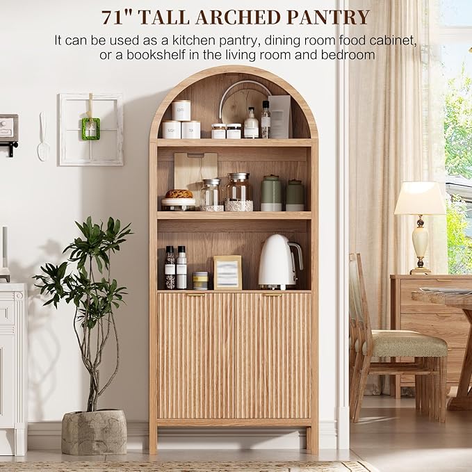 71" Tall Arched Kitchen Pantry,Modern Fluted Wood Storage Cabinet with Doors,Adjustable Shelves,Organizer, Versatile Cupboard for Kitchen,Living Room,Dining Room,Bathroom,Wood