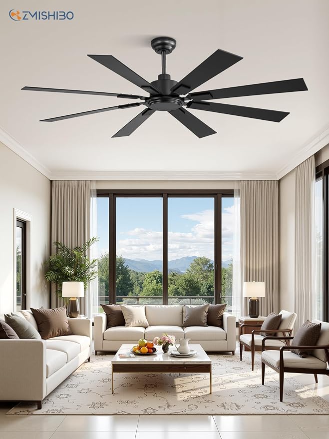 62 Inch Ceiling Fan No Light with Remote Control, 8 Blades Quiet DC Reversible Motor, 6-Speed, Timer, Black Finish, Indoor Outdoor Ceiling Fans for Patios, Living Room, Garage
