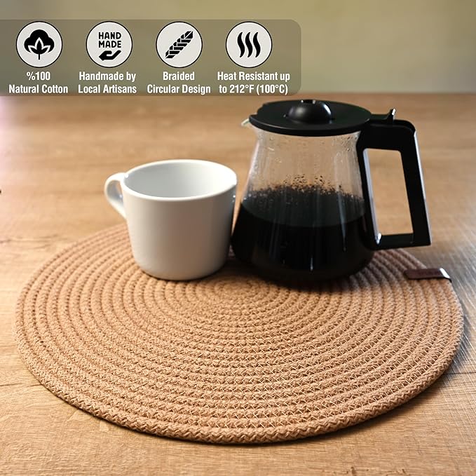 Round Placemats, Set of 4, Handmade by Braided Cotton Cord for Kitchen and Dining Table, Dia. 12.6 Inch, Doublesided, Heat Resistant, Cappuccino