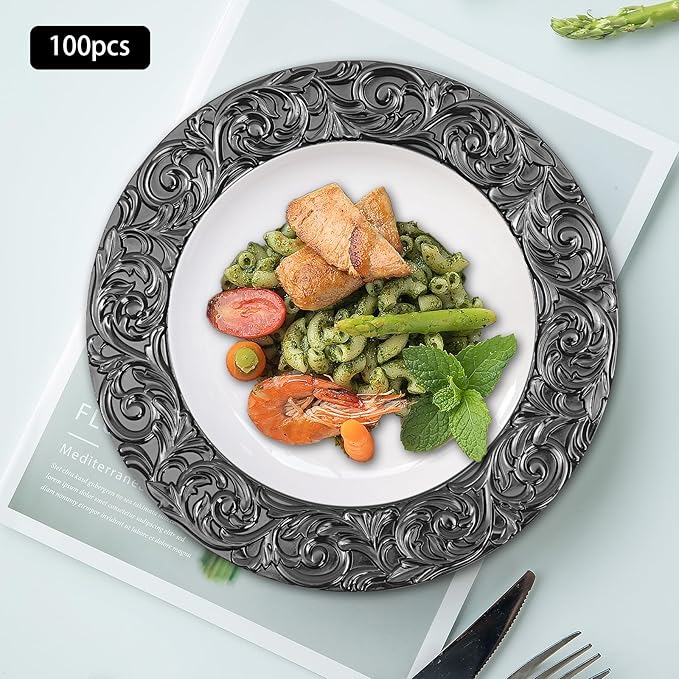 100pcs Black Charger Plates, 13" Round Reusable Decorative Flower Relief Carving Bulk Chargers for Dinner Plates, Wedding, Bridal Shower