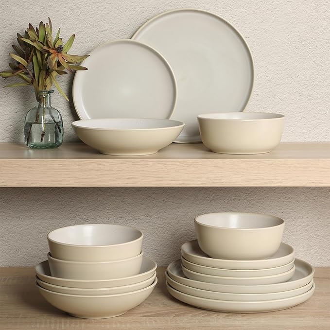 Gibson Elite Tribeca Loft 16-Piece Dinnerware Set ??Matte Cream and White Reactive Glaze Stoneware, Double Bowl Round Plates and Bowls ??Modern Neutral Tableware for 4, Dishwasher & Microwave Safe