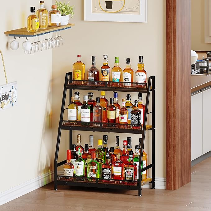 3-Tier (Safe Height for Kids & Pets) Expanded Liquor Stand, Trapezoid Wine Rack Freestanding Floor, Large-Capacity Bar Stand for Liquor Whiskey Wine Storage, Vintage Liquor Cabinet Bar for Home