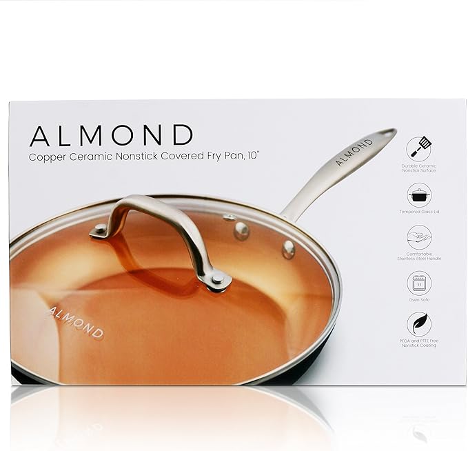 Nonstick Ceramic Copper Frying Pan: Non Stick Skillet with Glass Lid - Round Aluminum Saute Pan For Gas, Electric and Induction Cooktops - 10 Inches