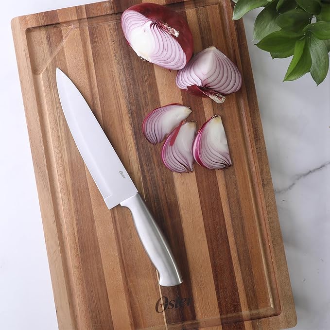 Oster Baldwyn 5-Piece Stainless Steel Knife Block Set with Wood Magnetic Stand ??Countertop Display & Knife-Safe Storage