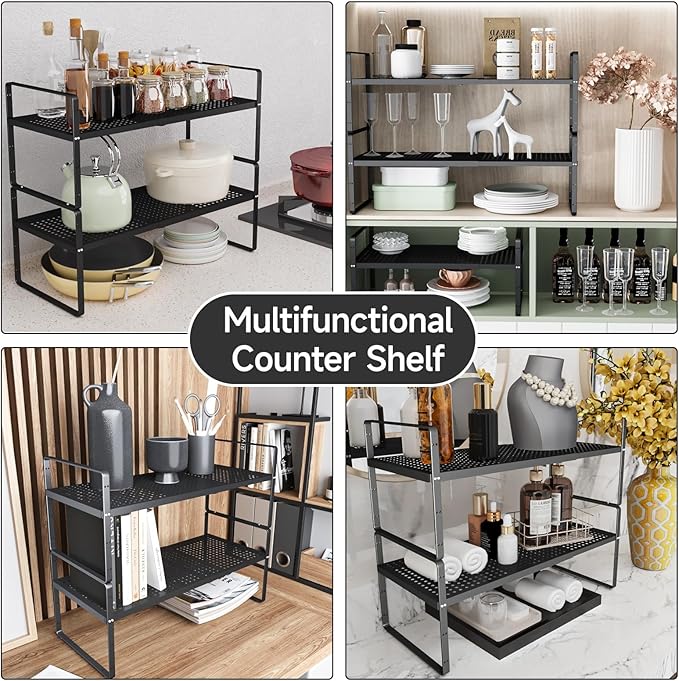 Expandable Cabinet Countertop Shelves 16.5-27?쇺셂, Adjustable Metal Spice Rack Organizer, Stackable Kitchen Counter Storage Shelves Organizers for Cabinet Organization, Black