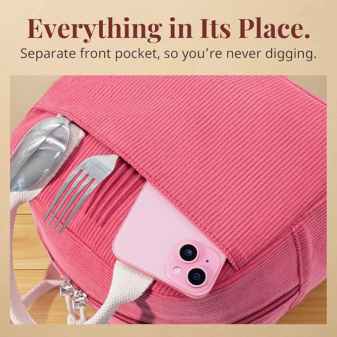 LOVELYWIND Insulated Lunch Bag for Women Men, Stylish Corduroy Tote Bag with Aluminum Lining, Large Capacity Reusable Cooler for Work, Travel, or Beach, Raspberry Pink Lunch Box