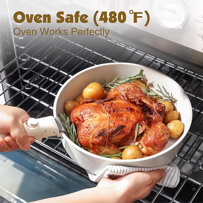 SENSARTE 24 Piece Pots and Pans Set, Nonstick Detachable Handle Cookware, Induction Kitchen Cookware Set with Removable Handle, Healthy Non Stick for RV, Dishwasher 竊?Oven Safe (White)