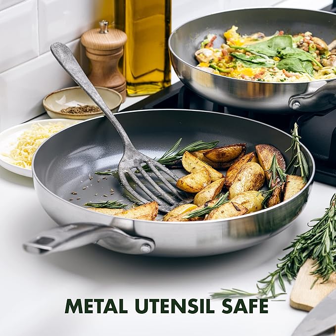 GreenPan Chatham Tri-Ply Stainless Steel Healthy Ceramic Nonstick 9.5" Frying Pan Skillet, PFAS-Free, Multi Clad, Induction, Dishwasher Safe, Oven Safe, Silver