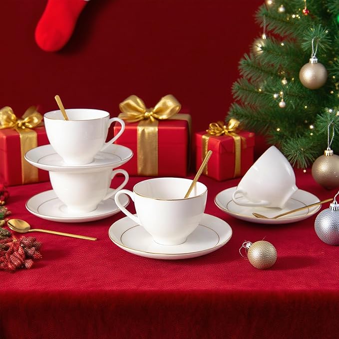 Bone China Tea Cups and Saucers Set (7 oz, Set of 4) ??White Luxury Fine Porcelain Mugs for Tea, Coffee, Latte Art, Barista Use, Elegant Gifting