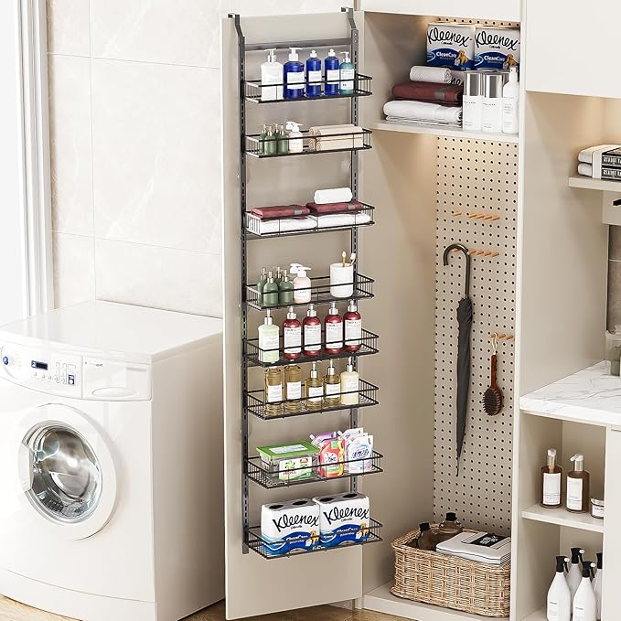 Over The Door Pantry Organizer, 8-Tier Over The Door Organizer with Adjustable Baskets, Metal Hanging Spice Rack for Pantry Organizers and Storage, Suitable for Kitchen Laundry Room & Bathroom,Black