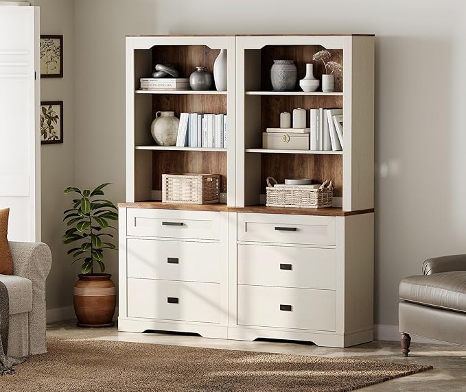 WAMPAT 2 Column 3 Tier Pantry Cabinet with Drawer,73.3" Tall Floor Standing Cupboard,Modern Farmhouse Display Kitchen Buffet with Adjustable Shelves for Dining Room,Living Room,Rustic White