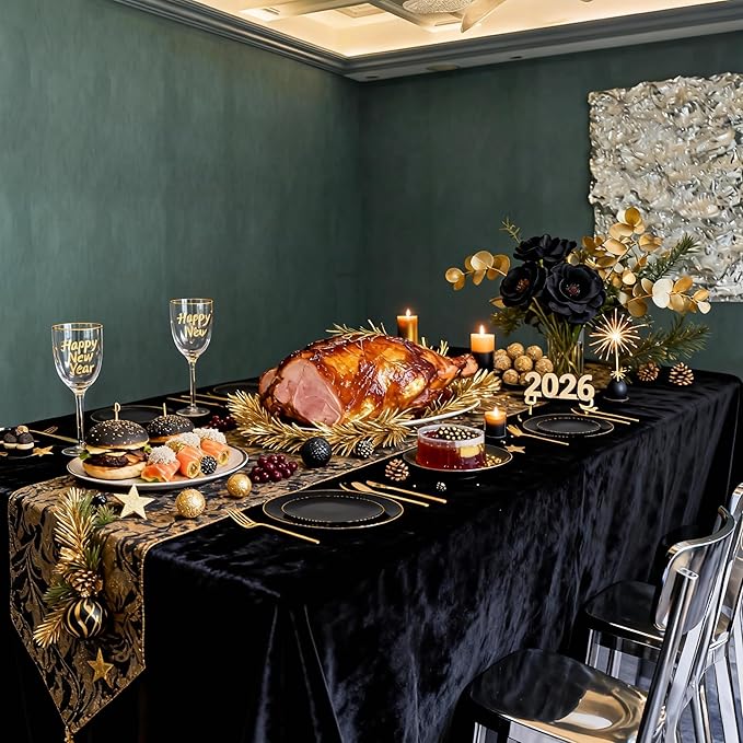 I00000 150Pcs Black Plastic Plates, Black Disposable Plates, Heavy Duty black plates for 30 Guests,Plastic Dinnerware Set Include 30 Dinner Plate,30 Dessert Plate,90 Gold Cutlery Set for Party