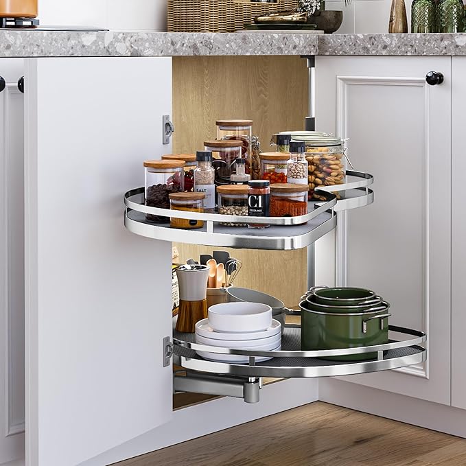 DWVO Corner Cabinet Pull-Out Organizer, 2-Tier Blind Corner Shelf with 270째 Swing-Out Tray, Left Swing, Heavy-Duty Chrome Plated Iron, 32.7"x17.3"x21.3", Gray