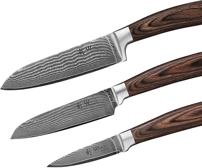 Wakoli EDIB 3-Piece Damascus Knife Block Set with Magnetic Knife Block ??Chef Knives Set with 3.4" - 6.7" Blades, 67-Layer Damascus Steel (VG10 Core), Kitchen Knives with Pakkawood Handles