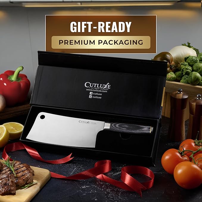 Cutluxe Meat Cleaver Knife ??Ultra Sharp 7" Meat Cleaver, Butcher Knife, High Carbon Stainless Steel Blade, Full Tang Pakkawood Handle ??Shinobi Series