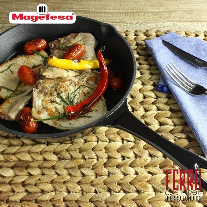 MAGEFESA FERRO 10" Enameled Cast Iron Black Skillet, Superior Heat Retention & Distribution, Compatible with All Cooktops, Induction & Oven Safe, Energy-Efficient, Durable, Easy to Clean