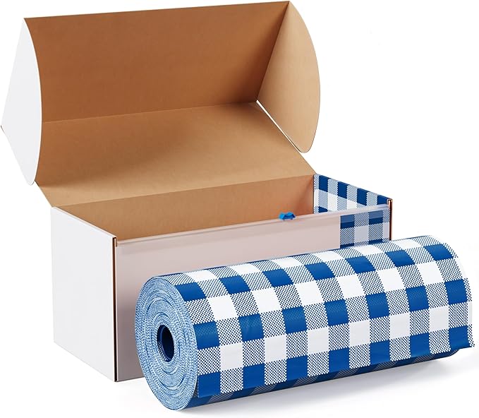 Party Solids 54 Inch X 100 Feet Blue Gingham Plastic Table Cover Roll in A Cut - to - Size Box with Convenient Slide Cutter. Cuts Up to 12 Rectangle 8 Feet Plastic Disposable Tablecloths