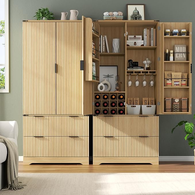 Loomie 71" Tall Kitchen Pantry Cabinet, Modern Fluted Storage Cabinet w/2 Drawers, 5 Adjustable Shelves & 7 Door Shelves, Wine Bar Cabinet w/Wine Rack & Glass Holder, Cupboard for Kitchen (Natural)