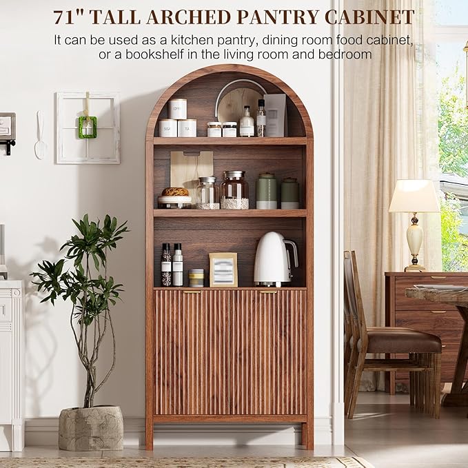 71" Tall Arched Kitchen Pantry,Modern Fluted Wood Storage Cabinet with Doors,Adjustable Shelves,Organizer, Versatile Cupboard for Kitchen,Living Room,Dining Room,Bathroom,Walnut