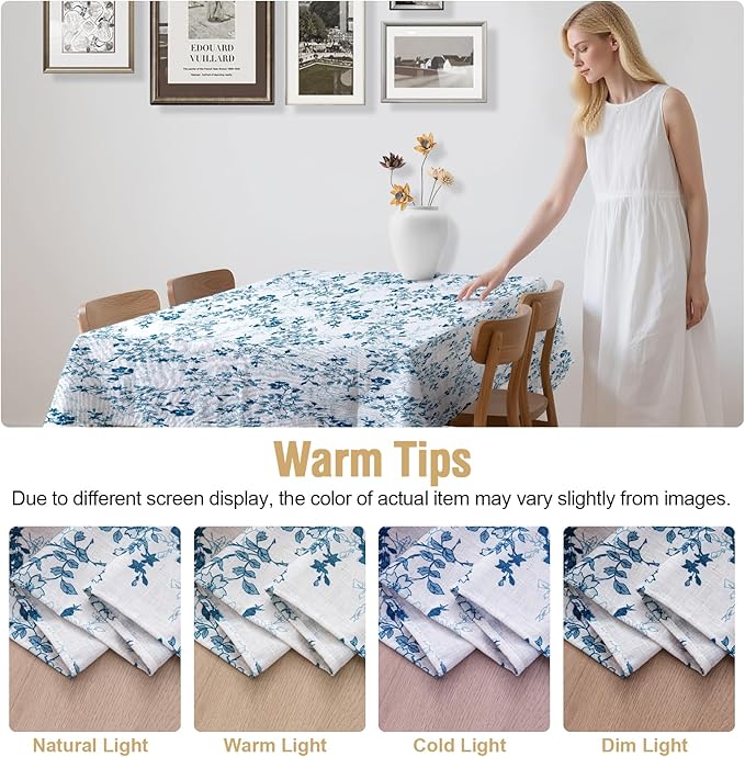 H.VERSAILTEX Linen Table Cloths Floral Printed Tablecloth Spill-Proof Waterproof Table Cover for Dining Buffet Feature Soft and Thick Fabric Wrinkle Free, 60 x 120 Inch, Retro Floral - Stone Blue
