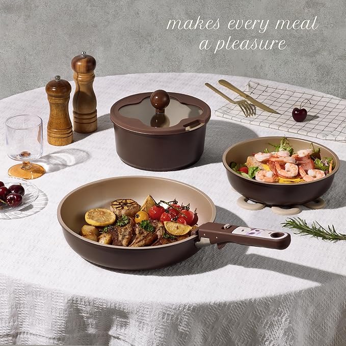 CAROTE 11pcs Ceramic Cookware Set, Pots and Pans Set Non stick, Induction Kitchen Cookware with Removable Handle, Dishwasher & Oven Safe, RV/Camping Cookware, PFAS Free, Brown